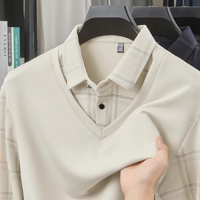 TFETTERS Luxury Brand Autumn Tshirts Man 2025 Fake Two Design Thick Long Sleeve Smart Casual Plaid T-shirts Men Clothing