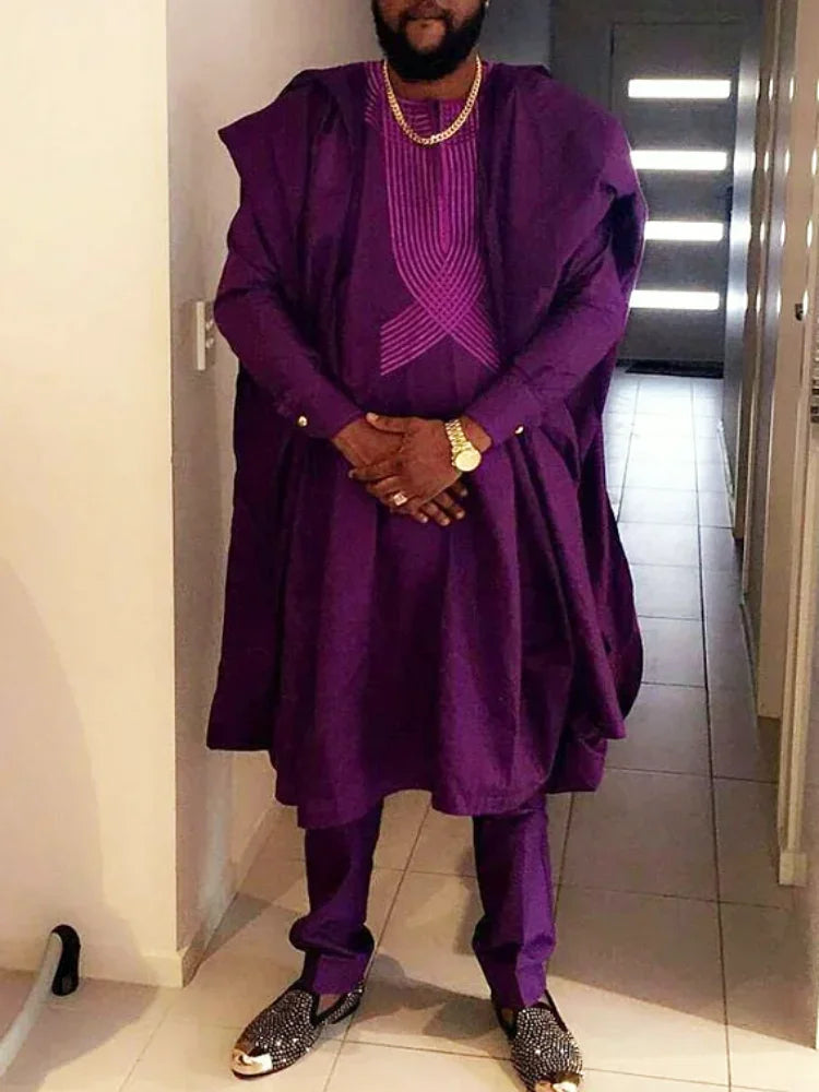 Men's African clothing, traditional Bazin Riche heat-stamped design top, long-sleeved three-piece suit