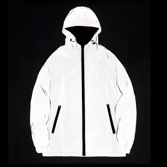 Night Reflective Jackets Double Fabric Windbreaker Hooded Jacket Men Hip Hop Dancer Waterproof Zipper Coats Outwear