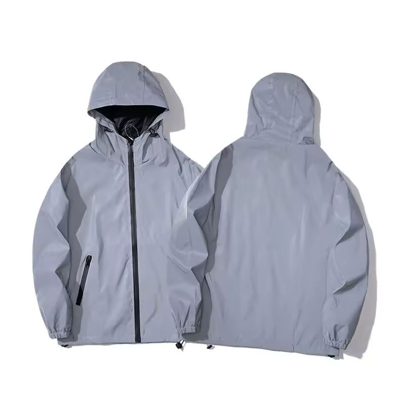 Night Reflective Jackets Double Fabric Windbreaker Hooded Jacket Men Hip Hop Dancer Waterproof Zipper Coats Outwear