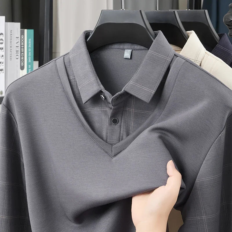 TFETTERS Luxury Brand Autumn Tshirts Man 2025 Fake Two Design Thick Long Sleeve Smart Casual Plaid T-shirts Men Clothing