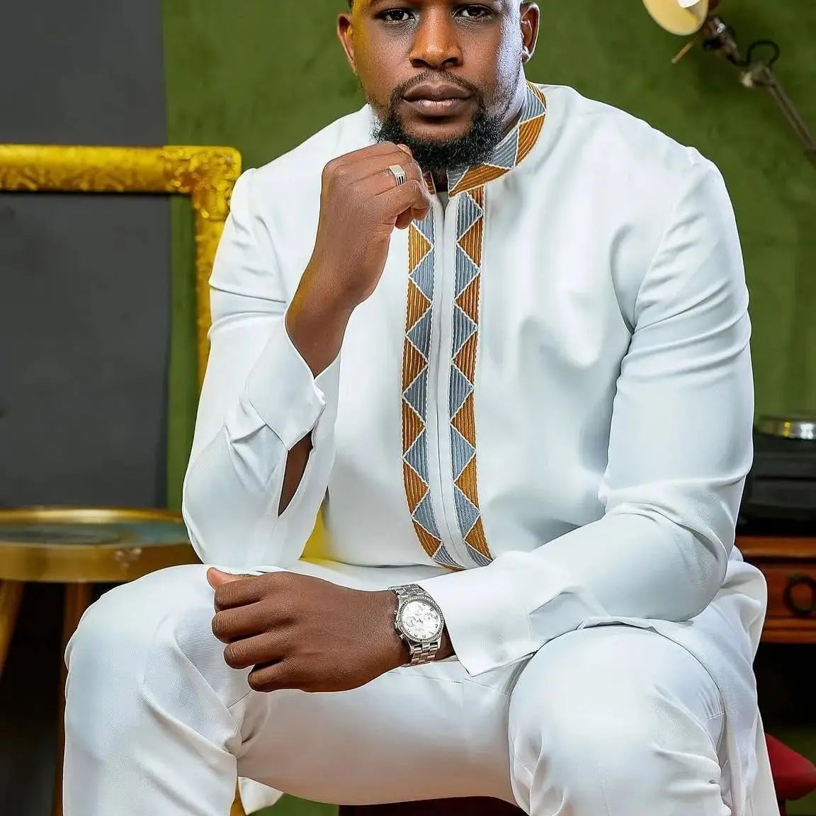 Kaftan Luxury Designer Men's Set African Clothing Men Suit Solid Color Embroidered Top and Sweatpant 2Pcs Festive Wedding Simple