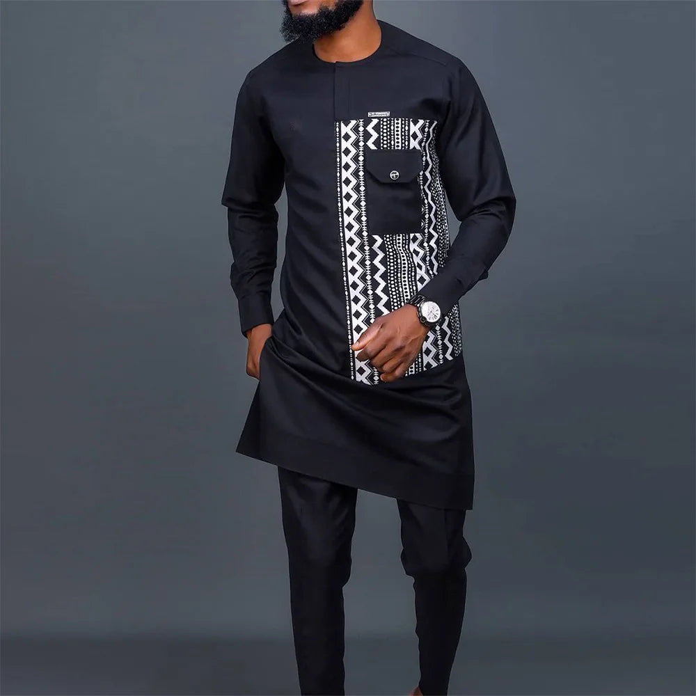 Kaftan Luxury Designer Men's Set African Clothing Men Suit Solid Color Embroidered Top and Sweatpant 2Pcs Festive Wedding Simple