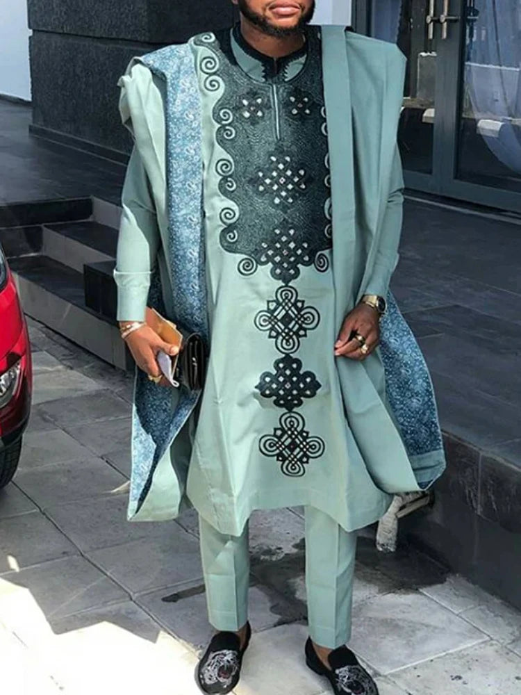 Men's African clothing, traditional Bazin Riche heat-stamped design top, long-sleeved three-piece suit