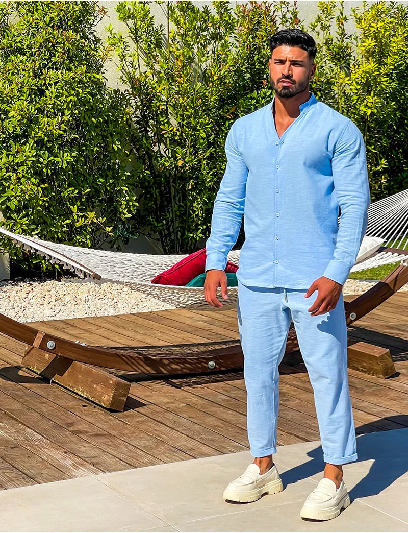 Autumn men's new fashion solid color suit cotton cardigan lapel long sleeve pants suit