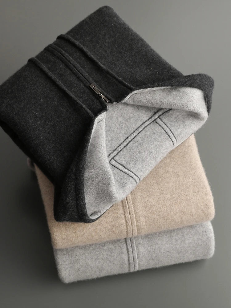 ADDONEE Men's 100% Wool Hoodie Cardigan Straights Leg Pants Set Autumn Winter Thick Cashmere Knitwear Sweater Trousers Suit