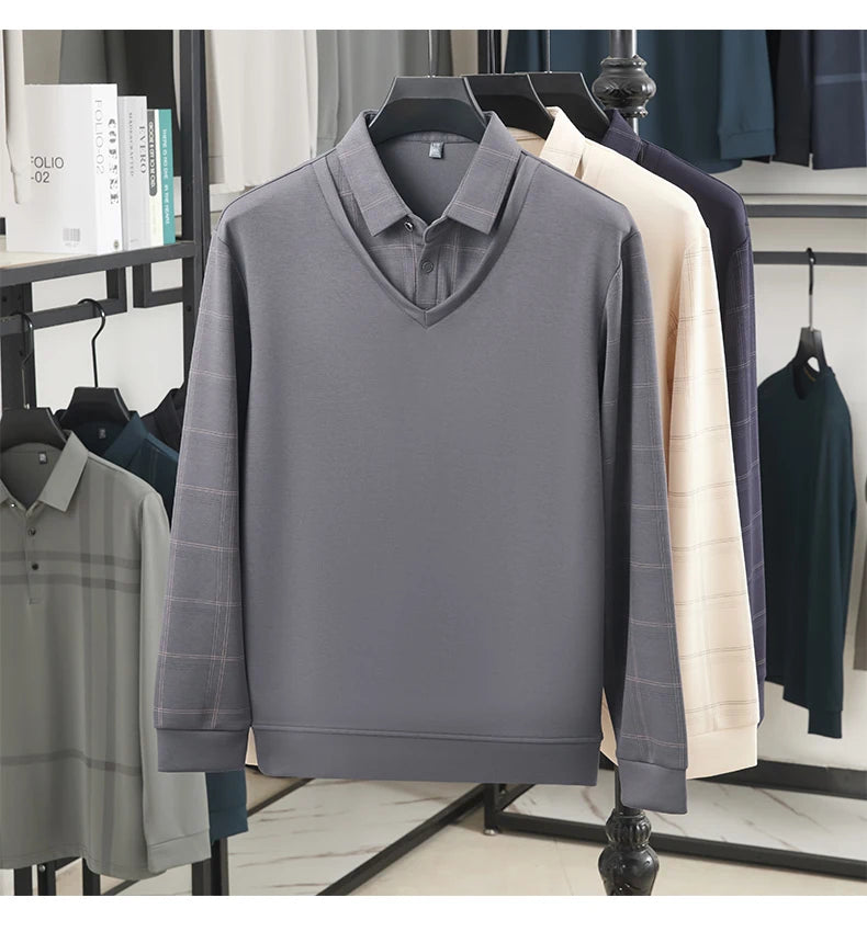 TFETTERS Luxury Brand Autumn Tshirts Man 2025 Fake Two Design Thick Long Sleeve Smart Casual Plaid T-shirts Men Clothing