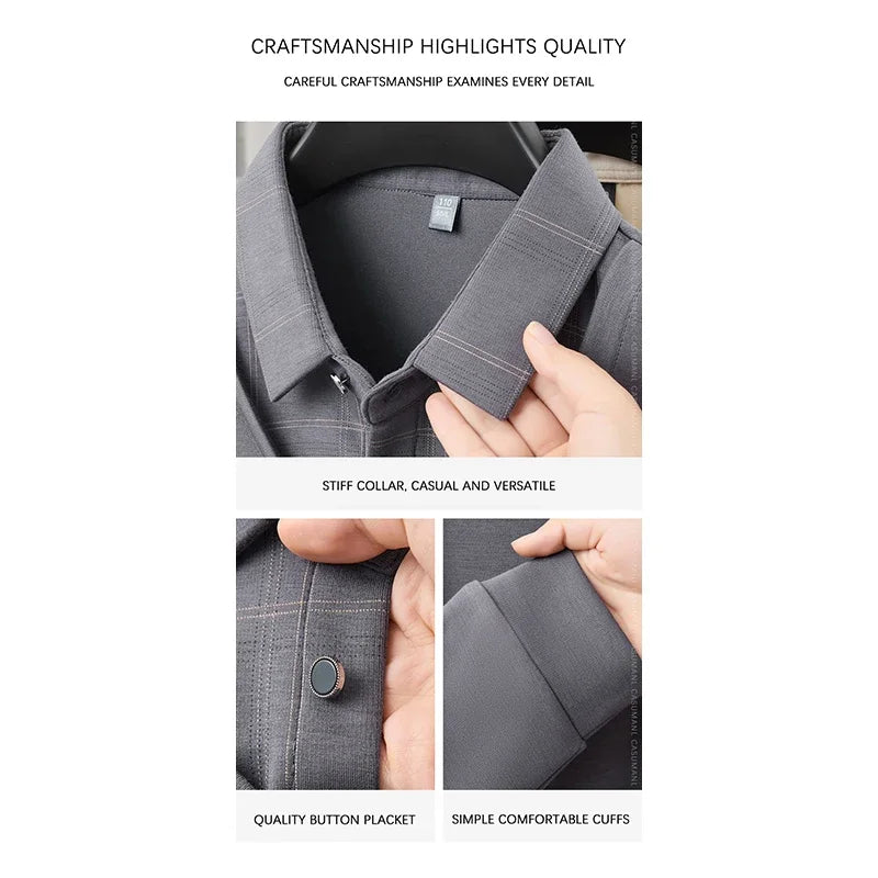 TFETTERS Luxury Brand Autumn Tshirts Man 2025 Fake Two Design Thick Long Sleeve Smart Casual Plaid T-shirts Men Clothing