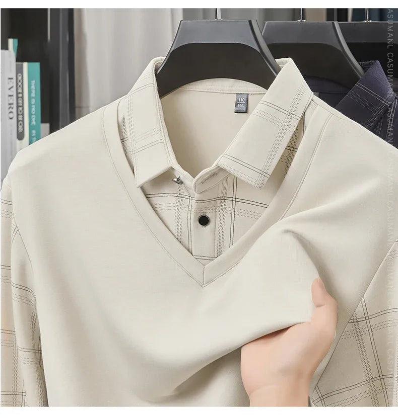 TFETTERS Luxury Brand Autumn Tshirts Man 2025 Fake Two Design Thick Long Sleeve Smart Casual Plaid T-shirts Men Clothing