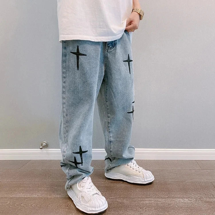 New Baggy Men's Jeans Embroidery Fashion Loose Denim Pants Streetwear Hip Hop Straight Wide Leg Trousers Casual Men Clothing