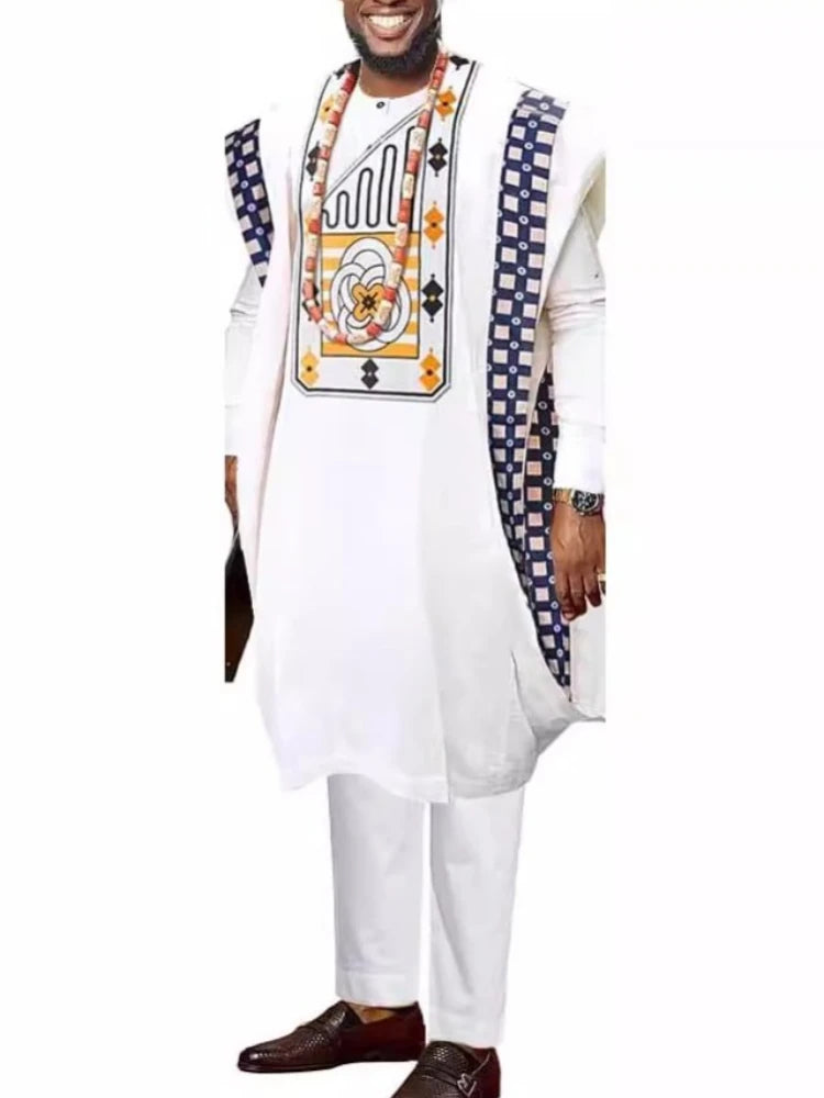 Men's African clothing, traditional Bazin Riche heat-stamped design top, long-sleeved three-piece suit