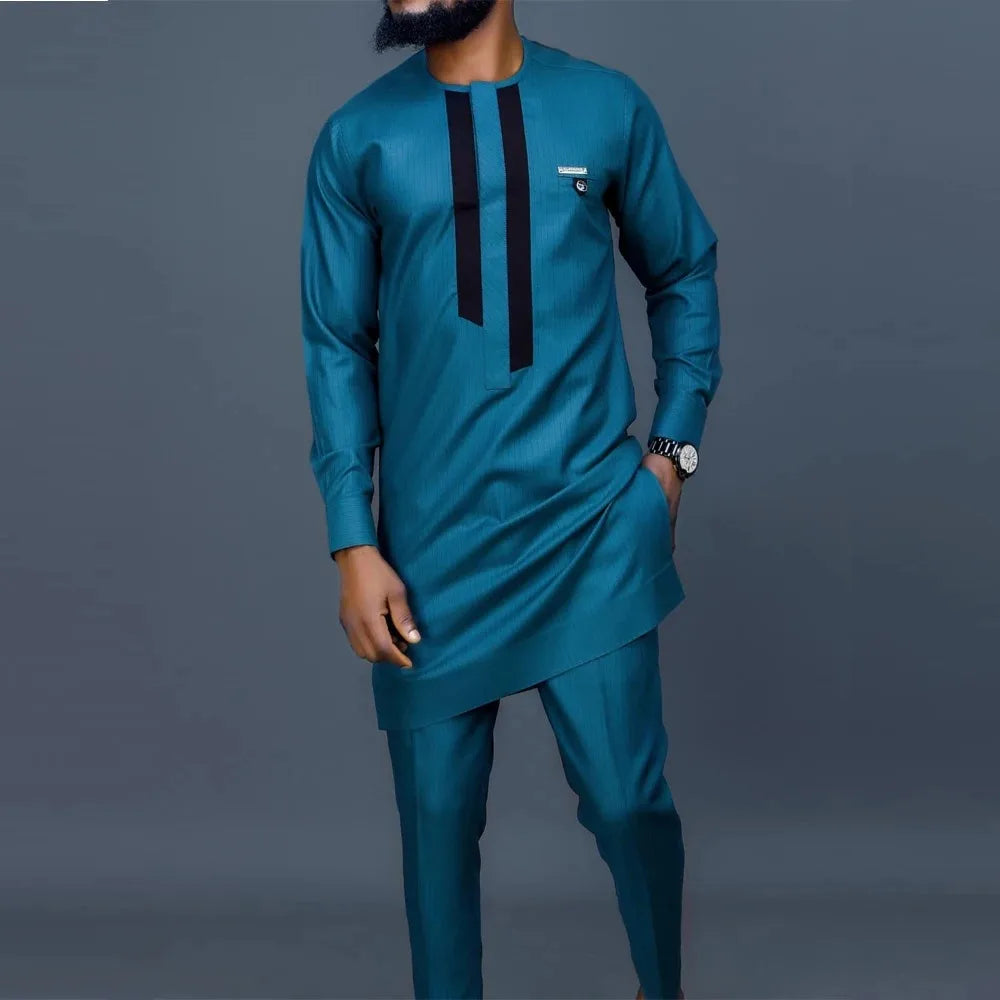 Kaftan Luxury Designer Men's Set African Clothing Men Suit Solid Color Embroidered Top and Sweatpant 2Pcs Festive Wedding Simple