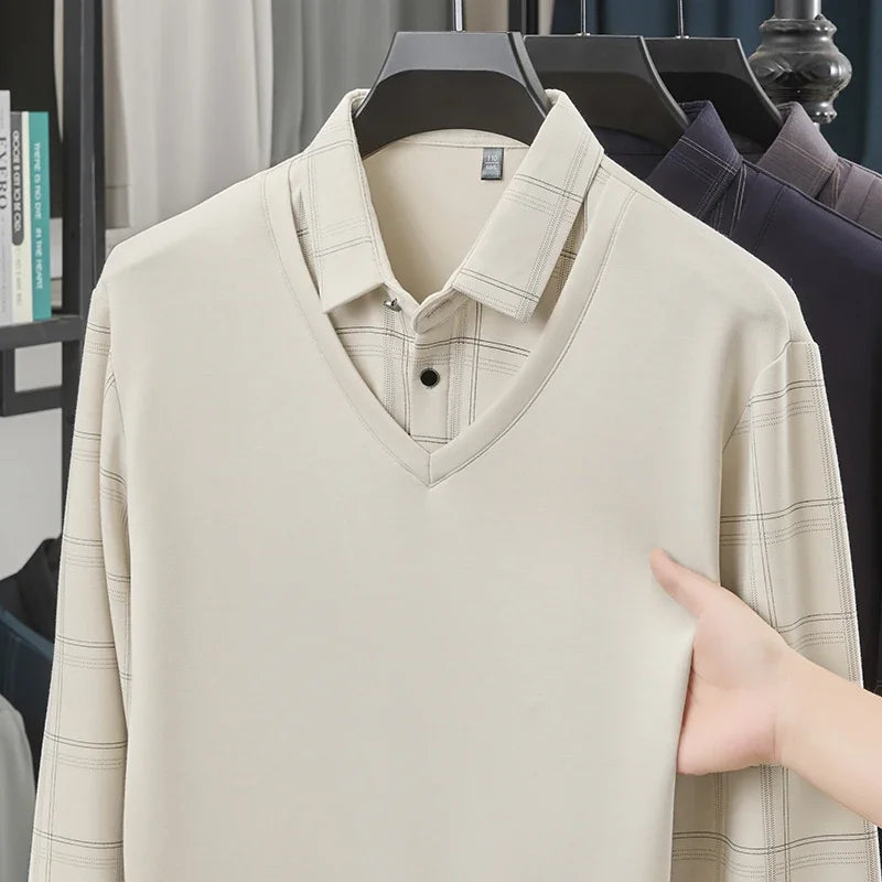 TFETTERS Luxury Brand Autumn Tshirts Man 2025 Fake Two Design Thick Long Sleeve Smart Casual Plaid T-shirts Men Clothing