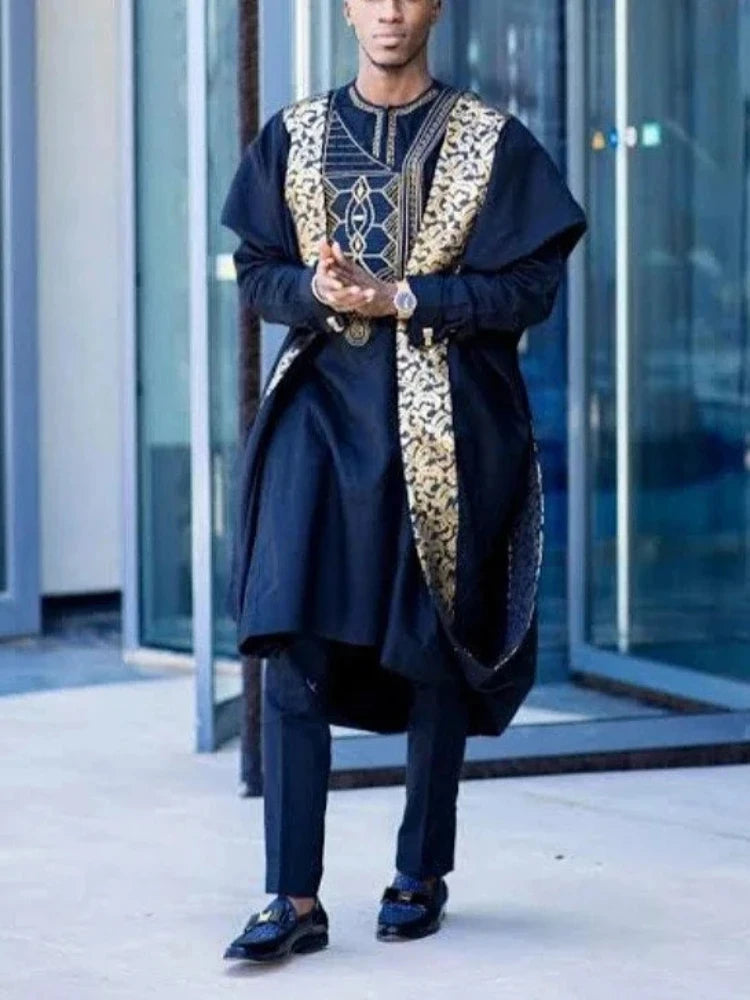 Men's African clothing, traditional Bazin Riche heat-stamped design top, long-sleeved three-piece suit