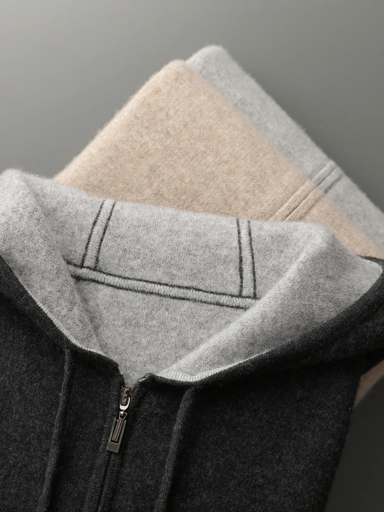 ADDONEE Men's 100% Wool Hoodie Cardigan Straights Leg Pants Set Autumn Winter Thick Cashmere Knitwear Sweater Trousers Suit