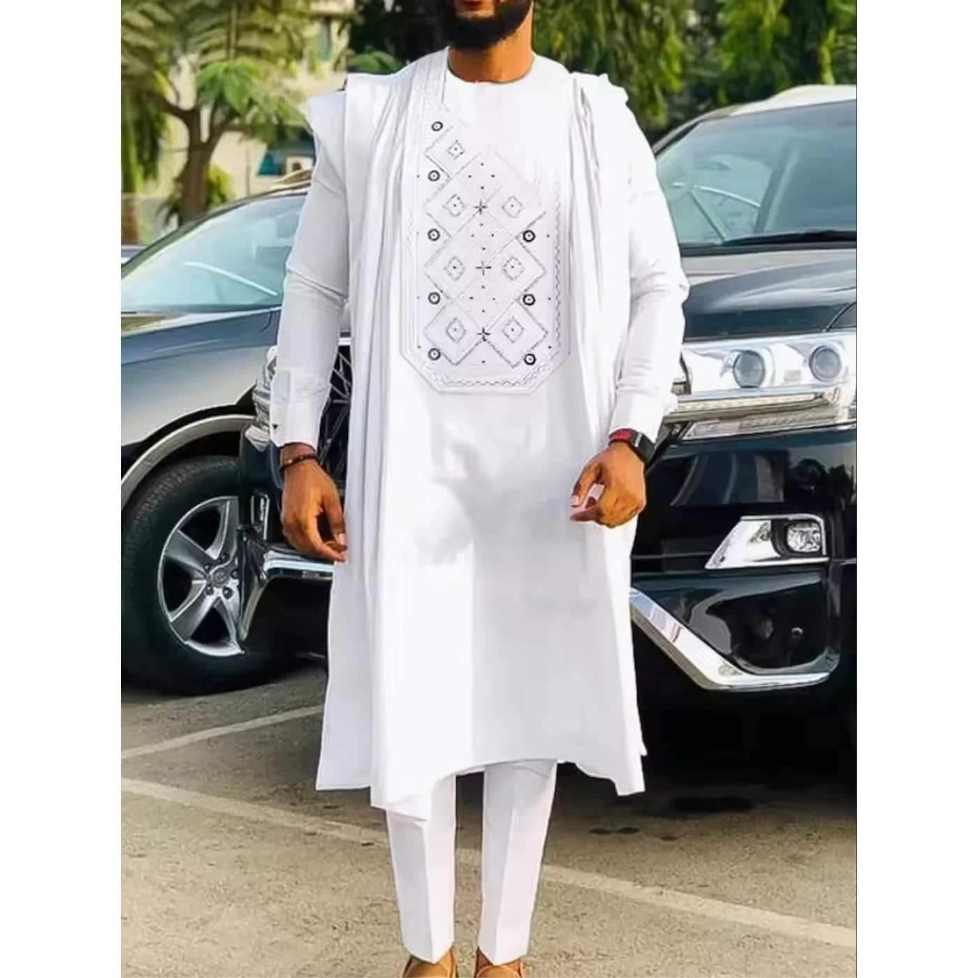 Men's African clothing, traditional Bazin Riche heat-stamped design top, long-sleeved three-piece suit