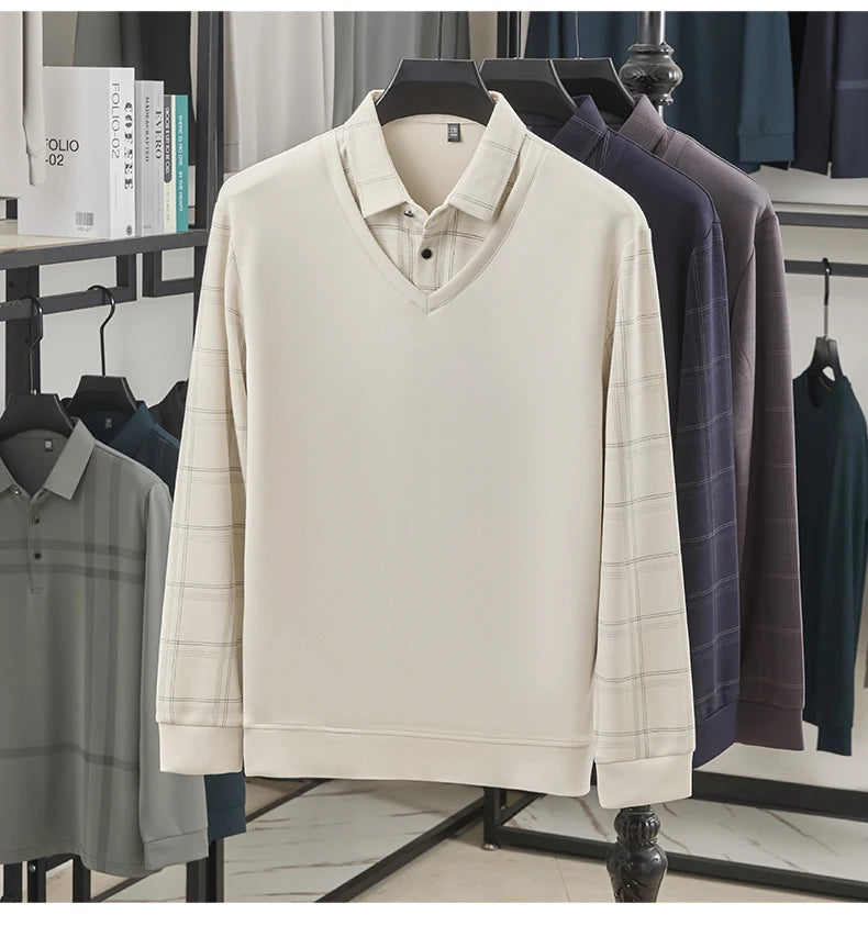 TFETTERS Luxury Brand Autumn Tshirts Man 2025 Fake Two Design Thick Long Sleeve Smart Casual Plaid T-shirts Men Clothing