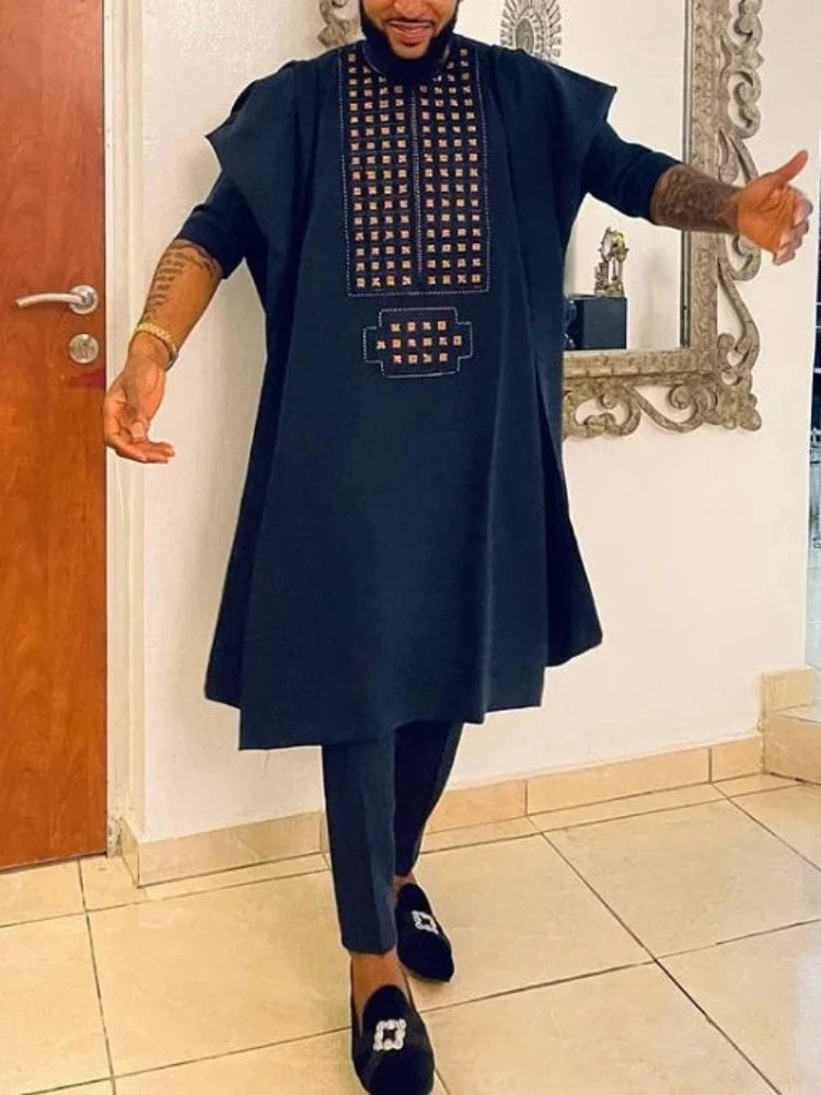 Men's African clothing, traditional Bazin Riche heat-stamped design top, long-sleeved three-piece suit