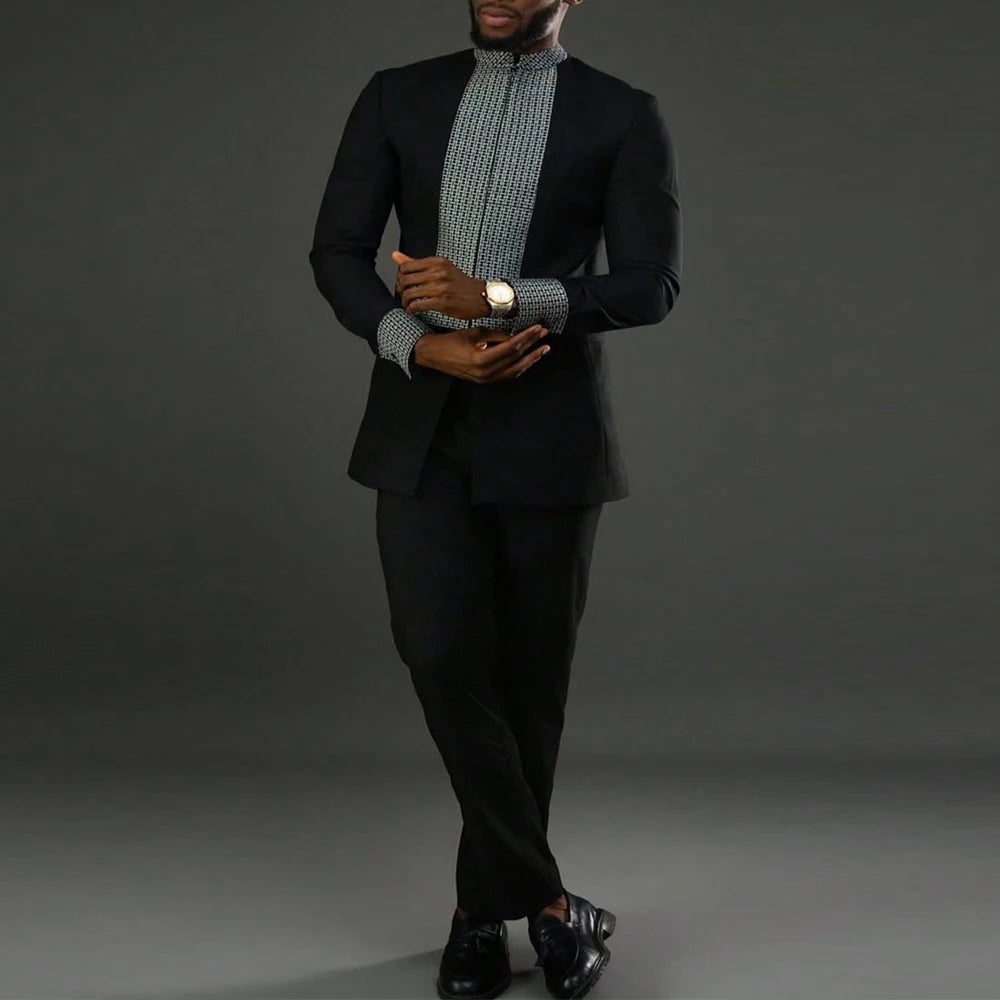 Kaftan Luxury Designer Men's Set African Clothing Men Suit Solid Color Embroidered Top and Sweatpant 2Pcs Festive Wedding Simple