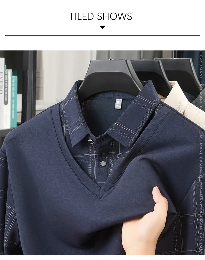 TFETTERS Luxury Brand Autumn Tshirts Man 2025 Fake Two Design Thick Long Sleeve Smart Casual Plaid T-shirts Men Clothing