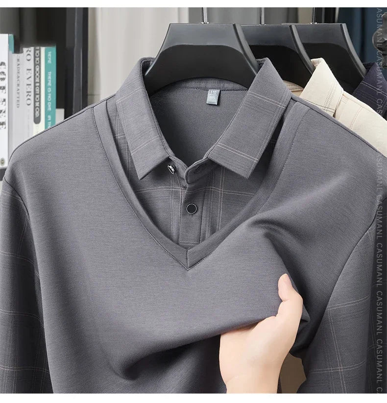 TFETTERS Luxury Brand Autumn Tshirts Man 2025 Fake Two Design Thick Long Sleeve Smart Casual Plaid T-shirts Men Clothing