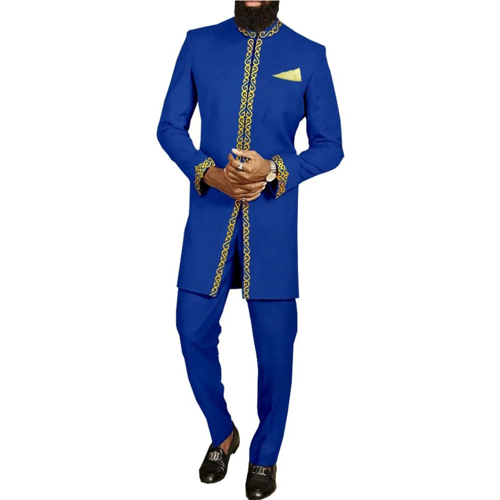 Kaftan Luxury Designer Men's Set African Clothing Men Suit Solid Color Embroidered Top and Sweatpant 2Pcs Festive Wedding Simple