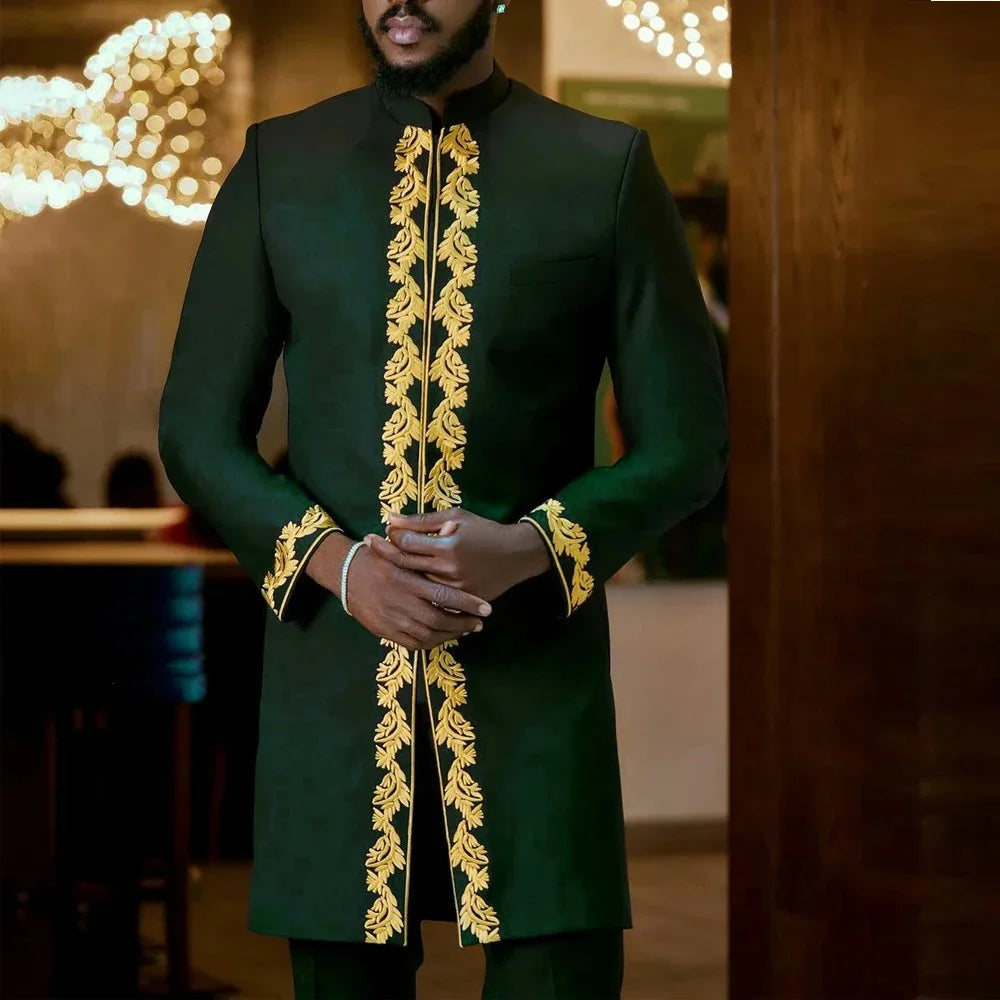 Kaftan Luxury Designer Men's Set African Clothing Men Suit Solid Color Embroidered Top and Sweatpant 2Pcs Festive Wedding Simple