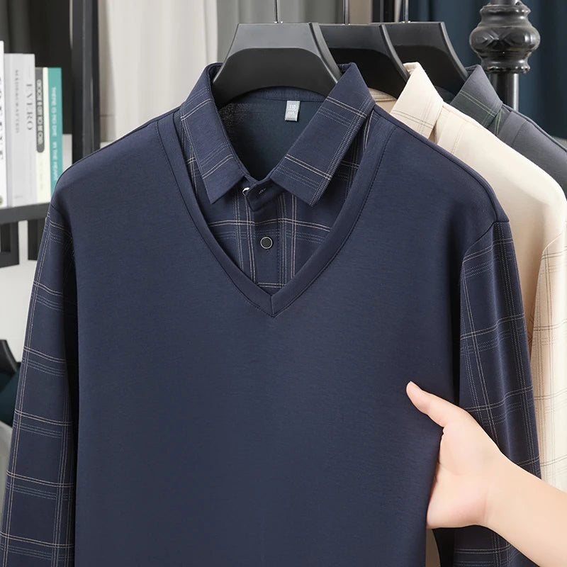 TFETTERS Luxury Brand Autumn Tshirts Man 2025 Fake Two Design Thick Long Sleeve Smart Casual Plaid T-shirts Men Clothing