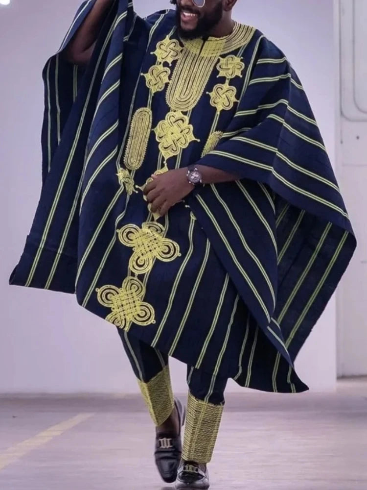 Men's African clothing, traditional Bazin Riche heat-stamped design top, long-sleeved three-piece suit