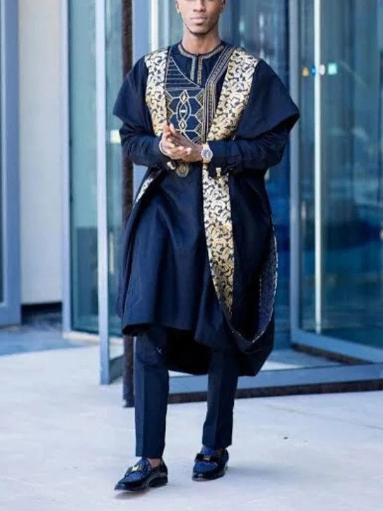 Men's African clothing, traditional Bazin Riche heat-stamped design top, long-sleeved three-piece suit