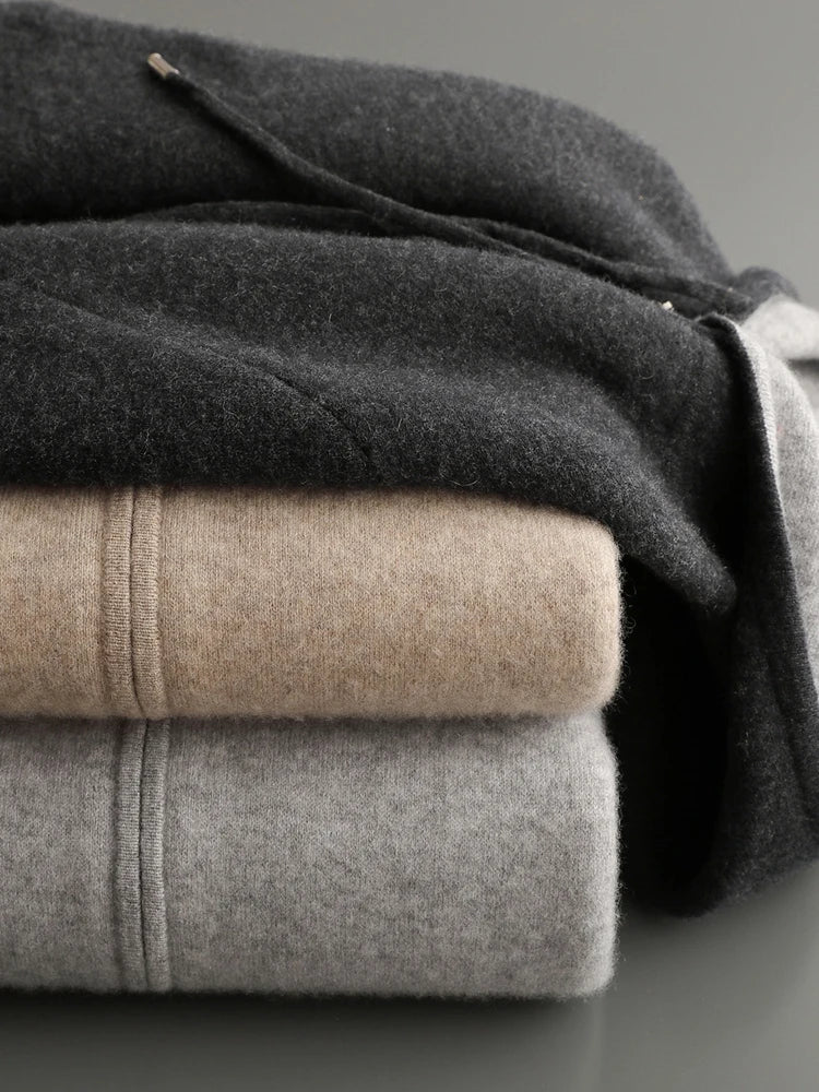 ADDONEE Men's 100% Wool Hoodie Cardigan Straights Leg Pants Set Autumn Winter Thick Cashmere Knitwear Sweater Trousers Suit