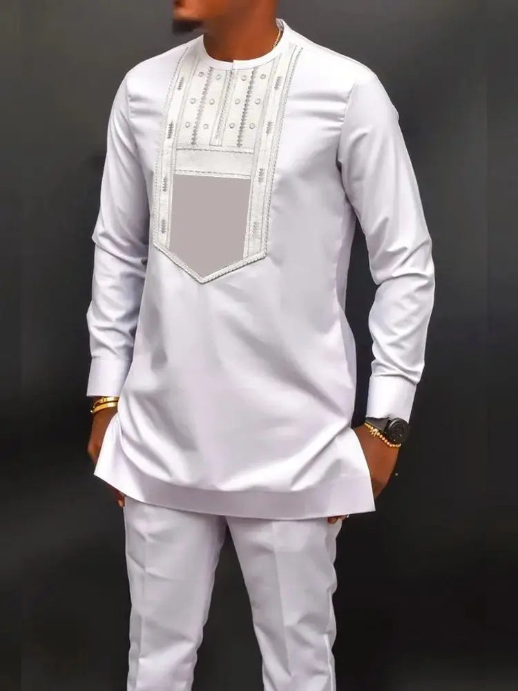 Kaftan Luxury Designer Men's Set African Clothing Men Suit Solid Color Embroidered Top and Sweatpant 2Pcs Festive Wedding Simple