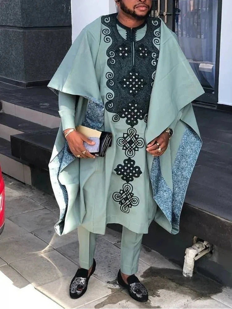 Men's African clothing, traditional Bazin Riche heat-stamped design top, long-sleeved three-piece suit