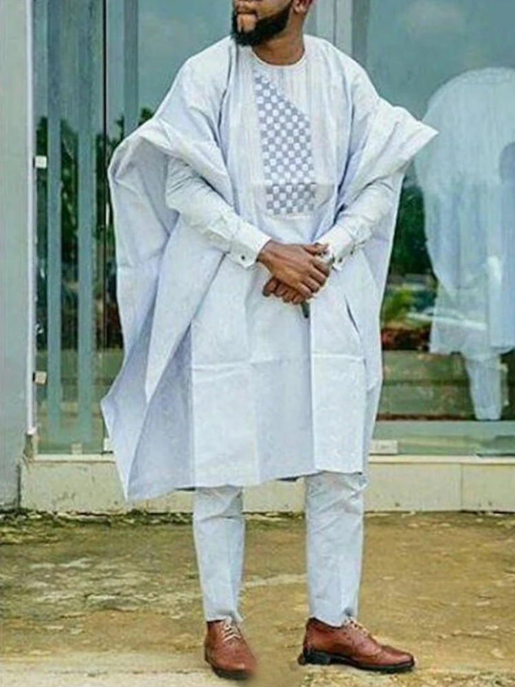 Men's African clothing, traditional Bazin Riche heat-stamped design top, long-sleeved three-piece suit