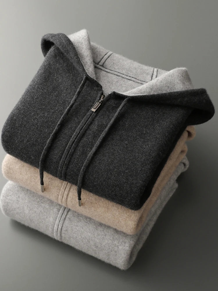 ADDONEE Men's 100% Wool Hoodie Cardigan Straights Leg Pants Set Autumn Winter Thick Cashmere Knitwear Sweater Trousers Suit