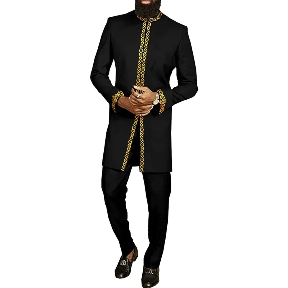 Kaftan Luxury Designer Men's Set African Clothing Men Suit Solid Color Embroidered Top and Sweatpant 2Pcs Festive Wedding Simple
