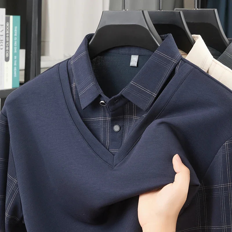 TFETTERS Luxury Brand Autumn Tshirts Man 2025 Fake Two Design Thick Long Sleeve Smart Casual Plaid T-shirts Men Clothing