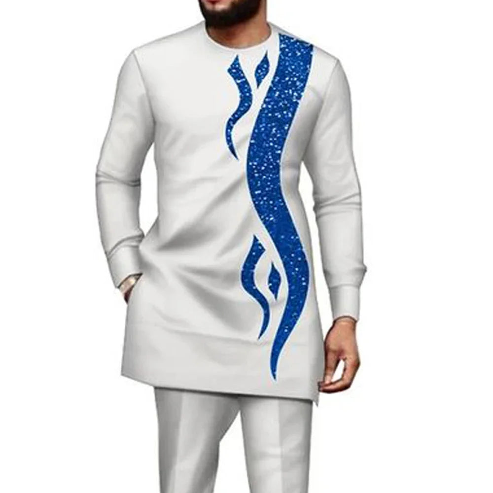 Kaftan Luxury Designer Men's Set African Clothing Men Suit Solid Color Embroidered Top and Sweatpant 2Pcs Festive Wedding Simple