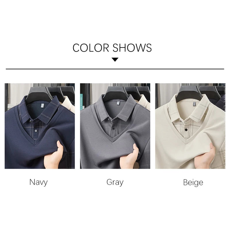 TFETTERS Luxury Brand Autumn Tshirts Man 2025 Fake Two Design Thick Long Sleeve Smart Casual Plaid T-shirts Men Clothing