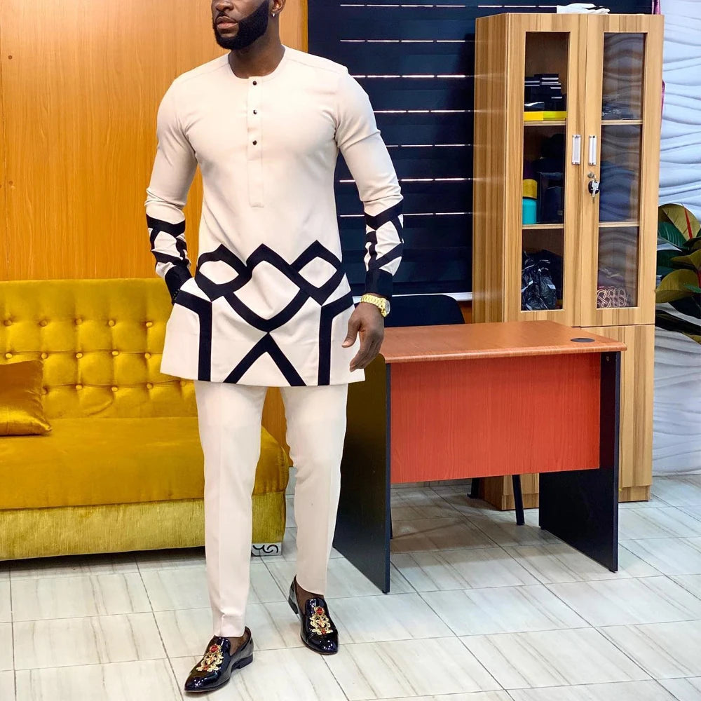 Kaftan Luxury Designer Men's Set African Clothing Men Suit Solid Color Embroidered Top and Sweatpant 2Pcs Festive Wedding Simple