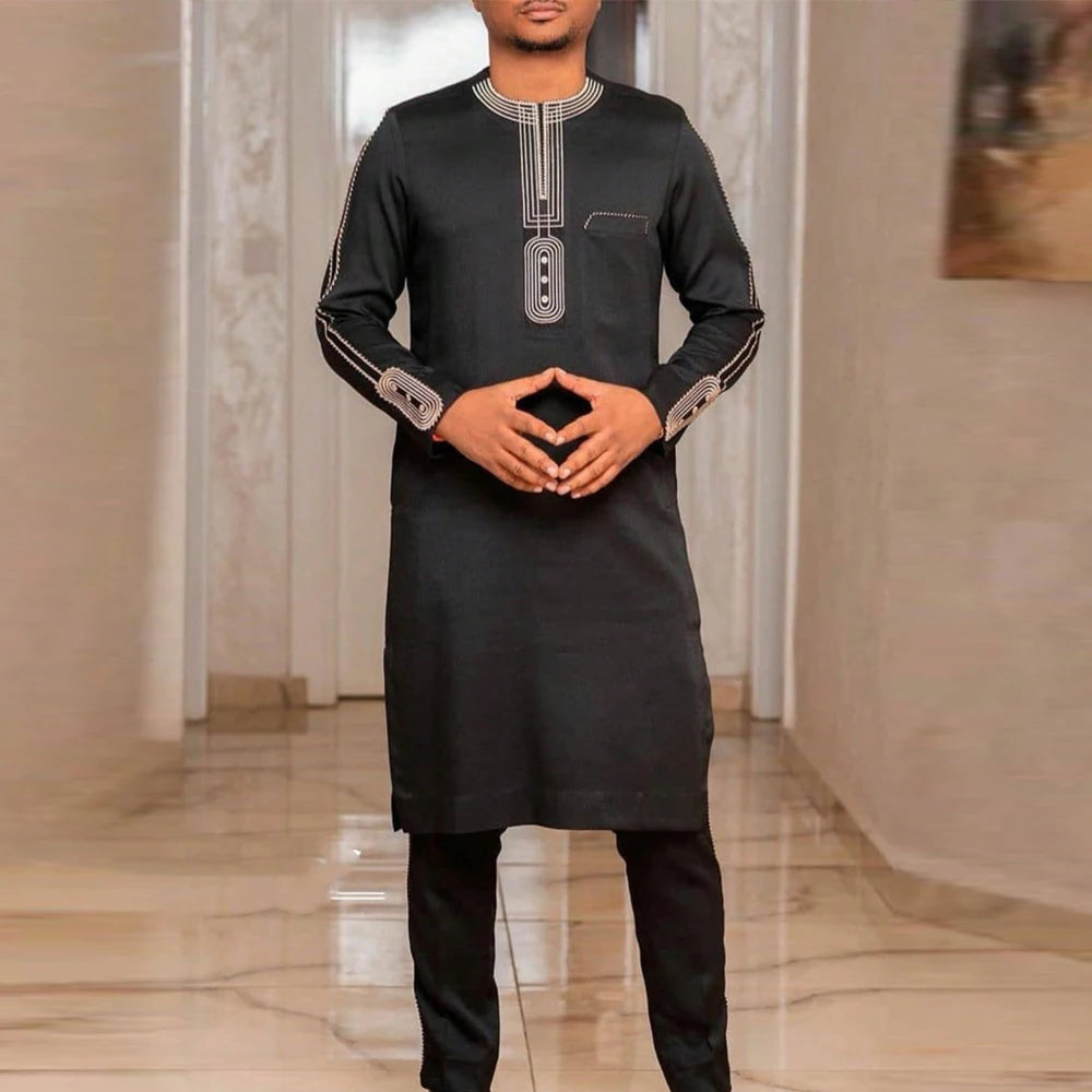 Kaftan Luxury Designer Men's Set African Clothing Men Suit Solid Color Embroidered Top and Sweatpant 2Pcs Festive Wedding Simple